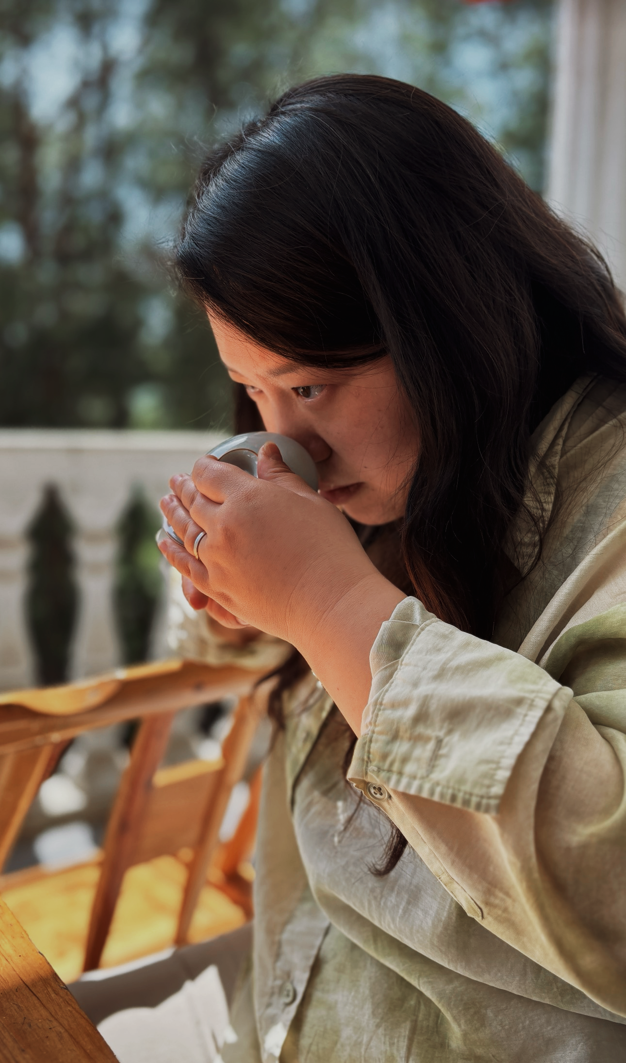Tasting tea on the porch